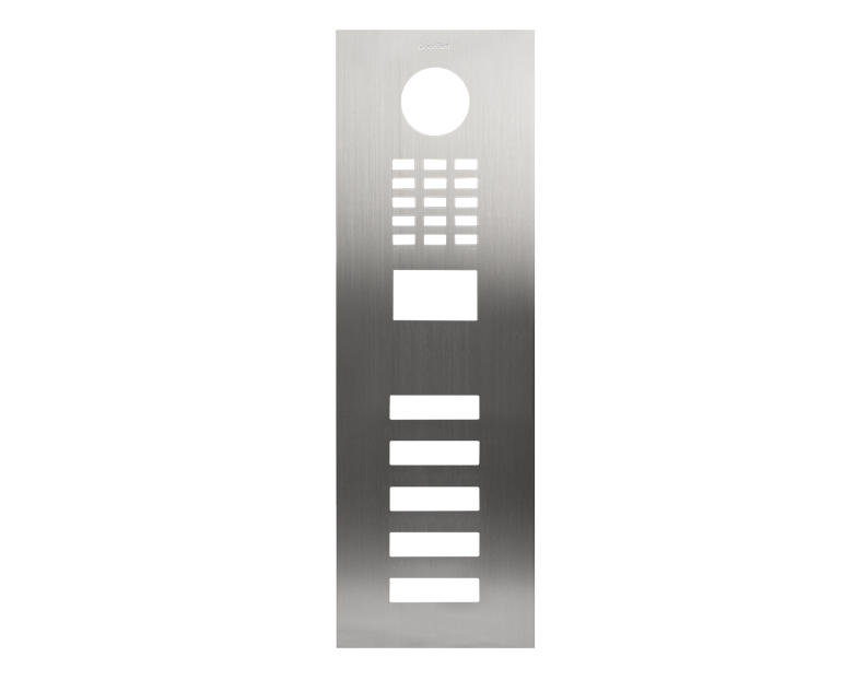 Stainless steel doorbell front panel with circular lens cutout, keypad buttons, and speaker grille