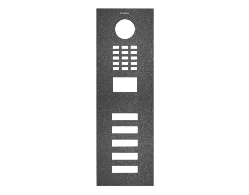 DoorBird stainless steel door front panel with circular camera opening and button labels