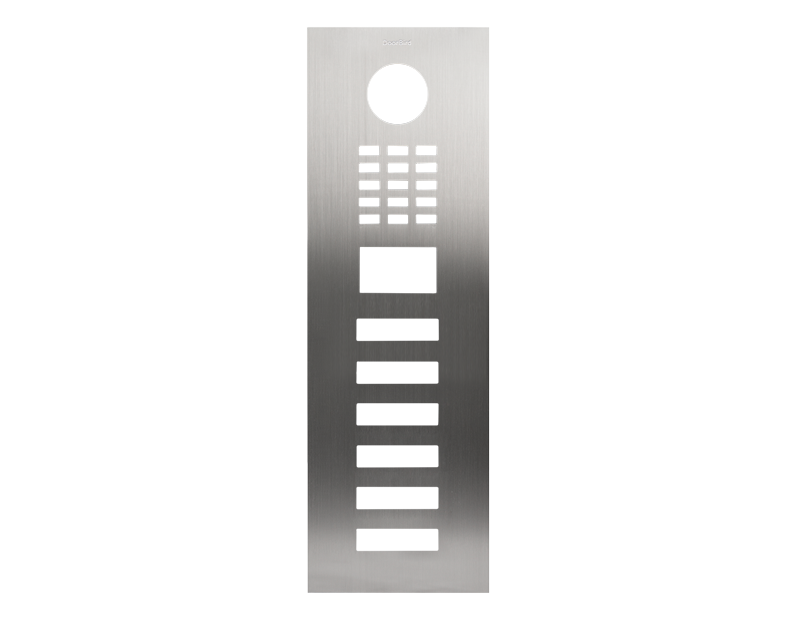 DoorBird stainless steel front panel with circular opening, keypad, and button accents