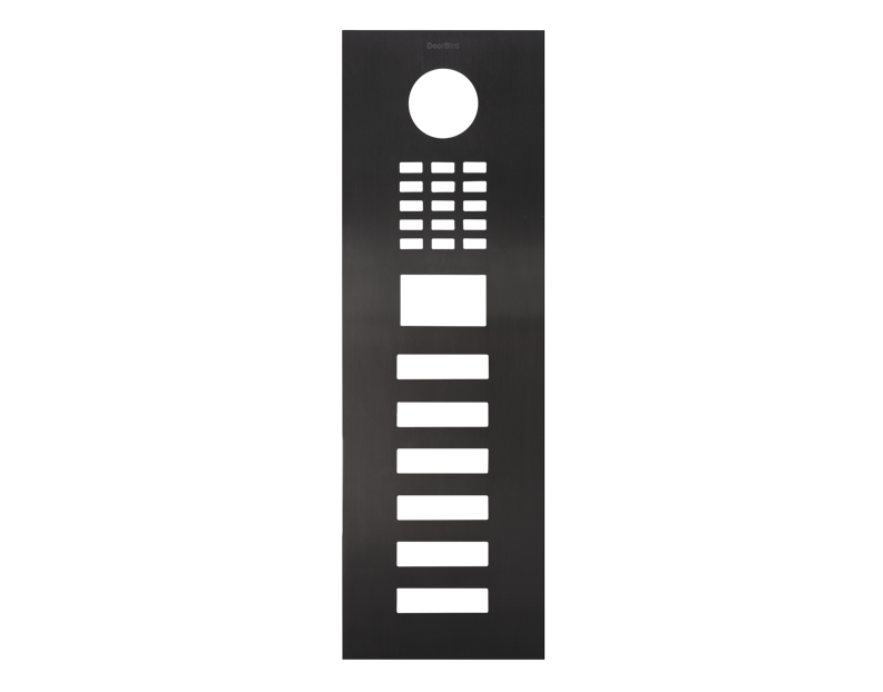 DoorBird titanium front panel with circular speaker hole and vertical button strip