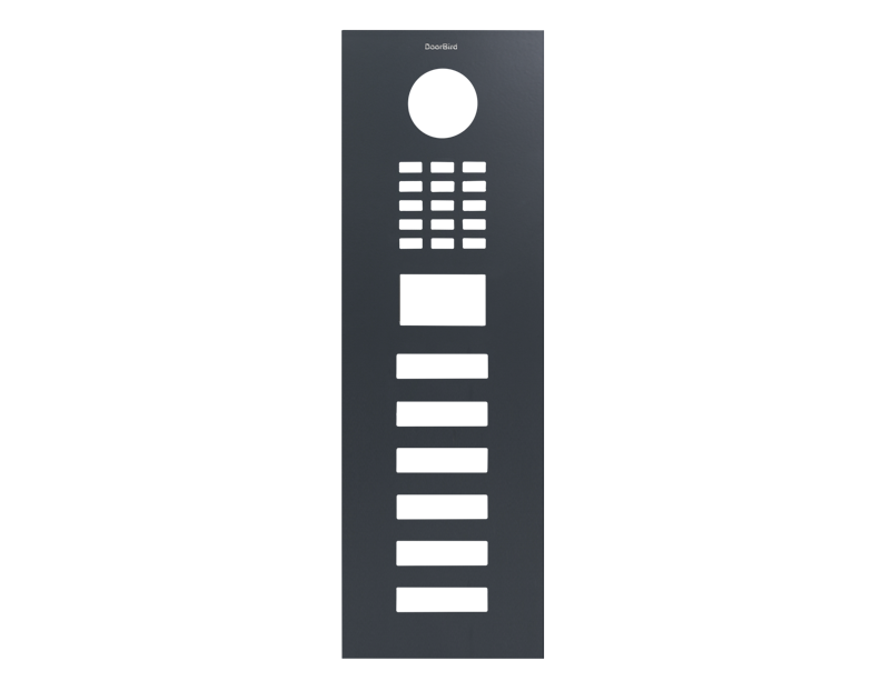 DoorBird D2106V front panel in anthracite grey with circular camera opening and button slots