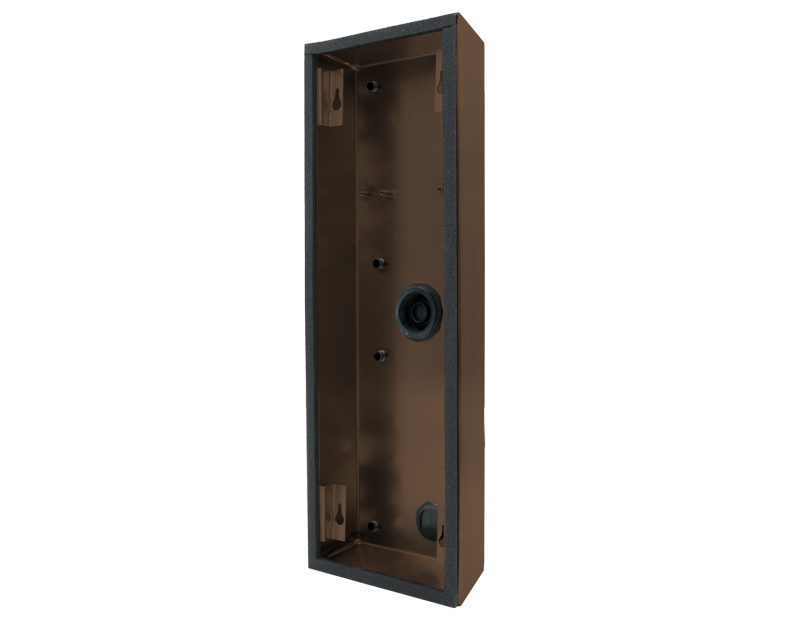 Bronze surface-mount housing enclosure with mounting holes and open back panel