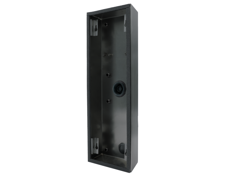 DoorBird titanium surface-mounting housing with open front and screw holes, rectangular metal box