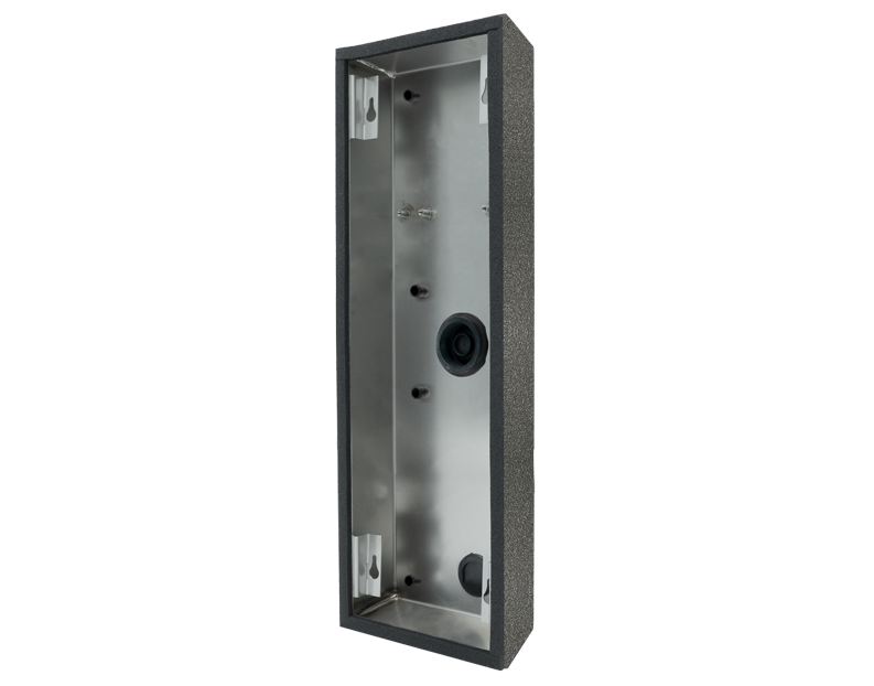 DoorBird stainless steel surface-mount housing with open back and mounting cutouts