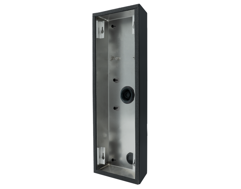 DoorBird surface-mounting housing in anthracite grey, open back box with screw holes and cable port