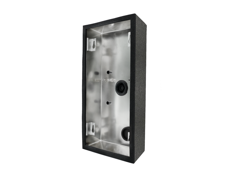 DoorBird stainless steel surface-mount backbox housing with mounting holes and cable opening