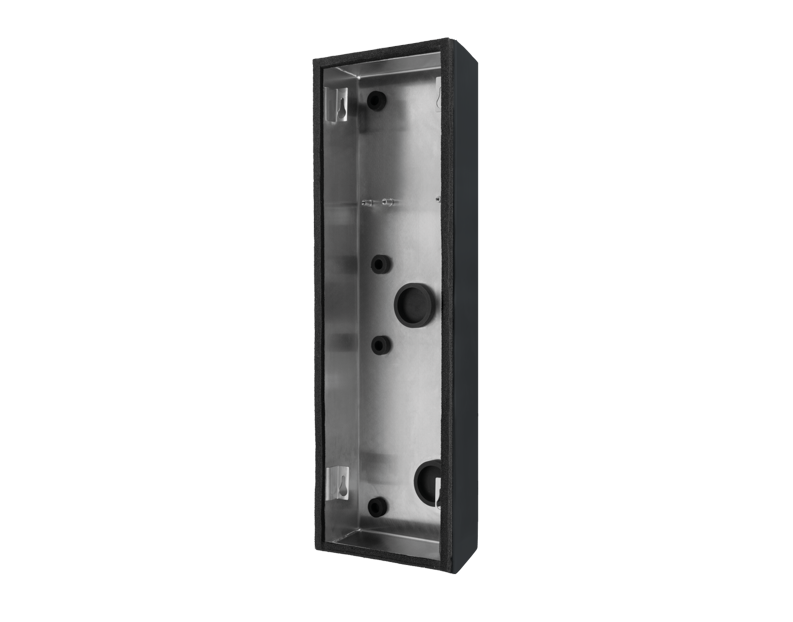 DoorBird surface-mount backbox housing in anthracite grey with mounting holes and openings