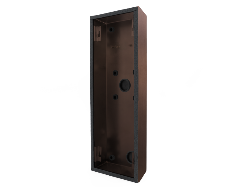 DoorBird surface-mounting backbox housing in bronze with open interior and mounting holes