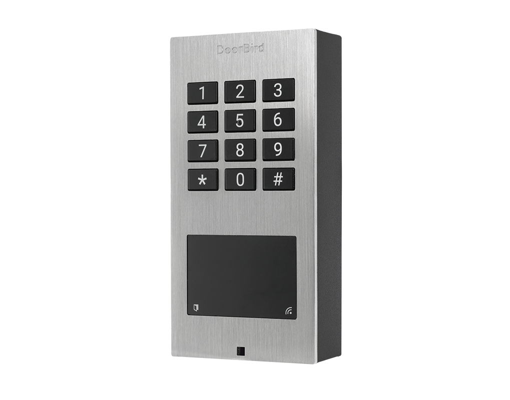 DoorBird stainless steel keypad access control device with numeric buttons and display