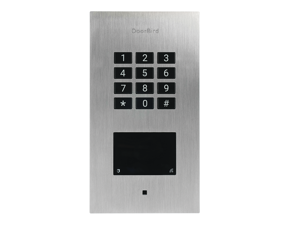Stainless steel flush-mount DoorBird access control keypad and display