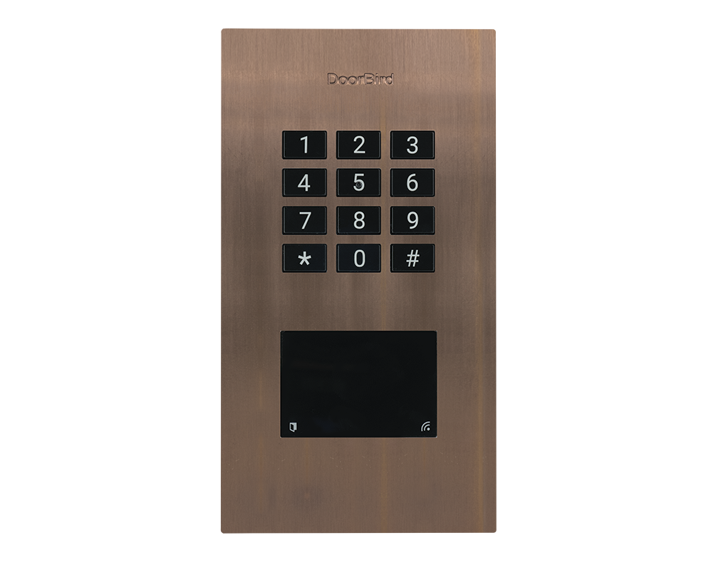 DoorBird bronze flush-mount access control keypad with number buttons and small display