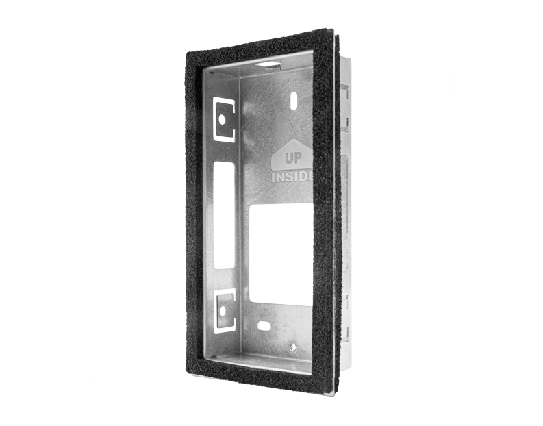 DoorBird stainless steel flush-mount backbox housing, brushed metal frame with mounting holes
