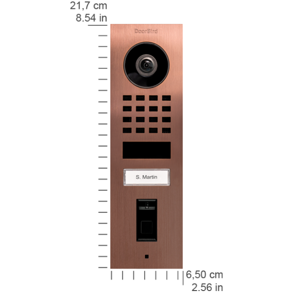 Bronze IP video door station front with camera lens, keypad grid, and call button