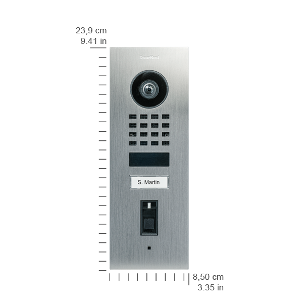 Stainless steel flush-mount video door station with camera lens and call button