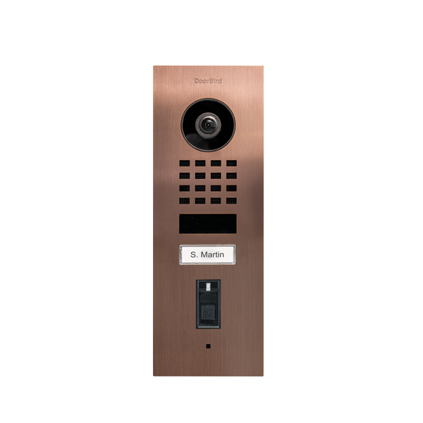 DoorBird bronze flush-mount video door station with camera and call button panel