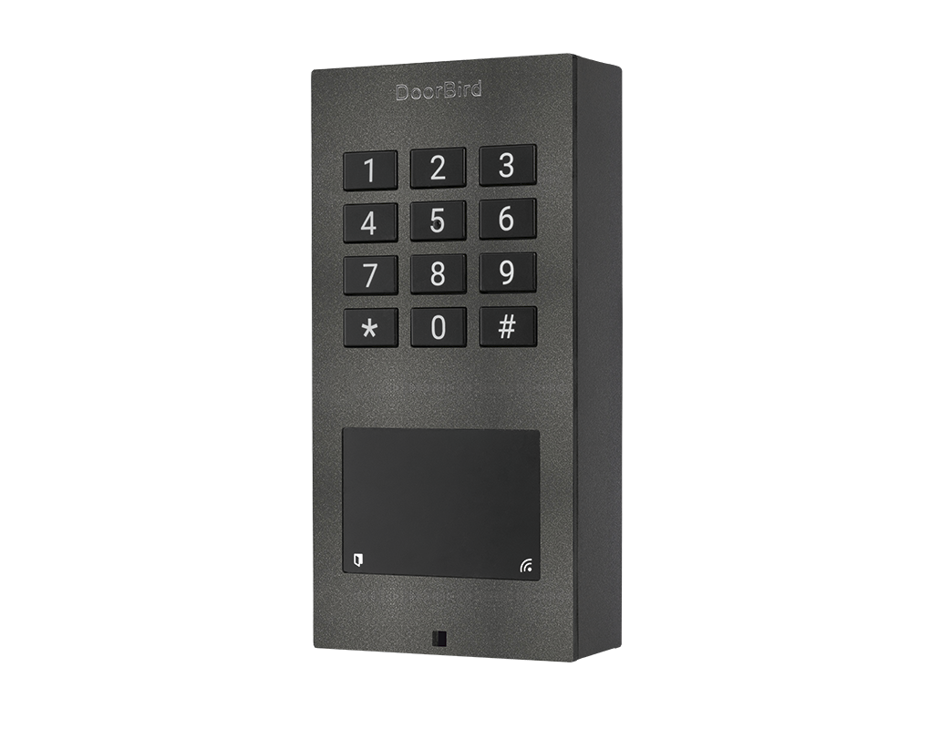 Stainless steel door access keypad device with numeric buttons, * and #, DoorBird logo