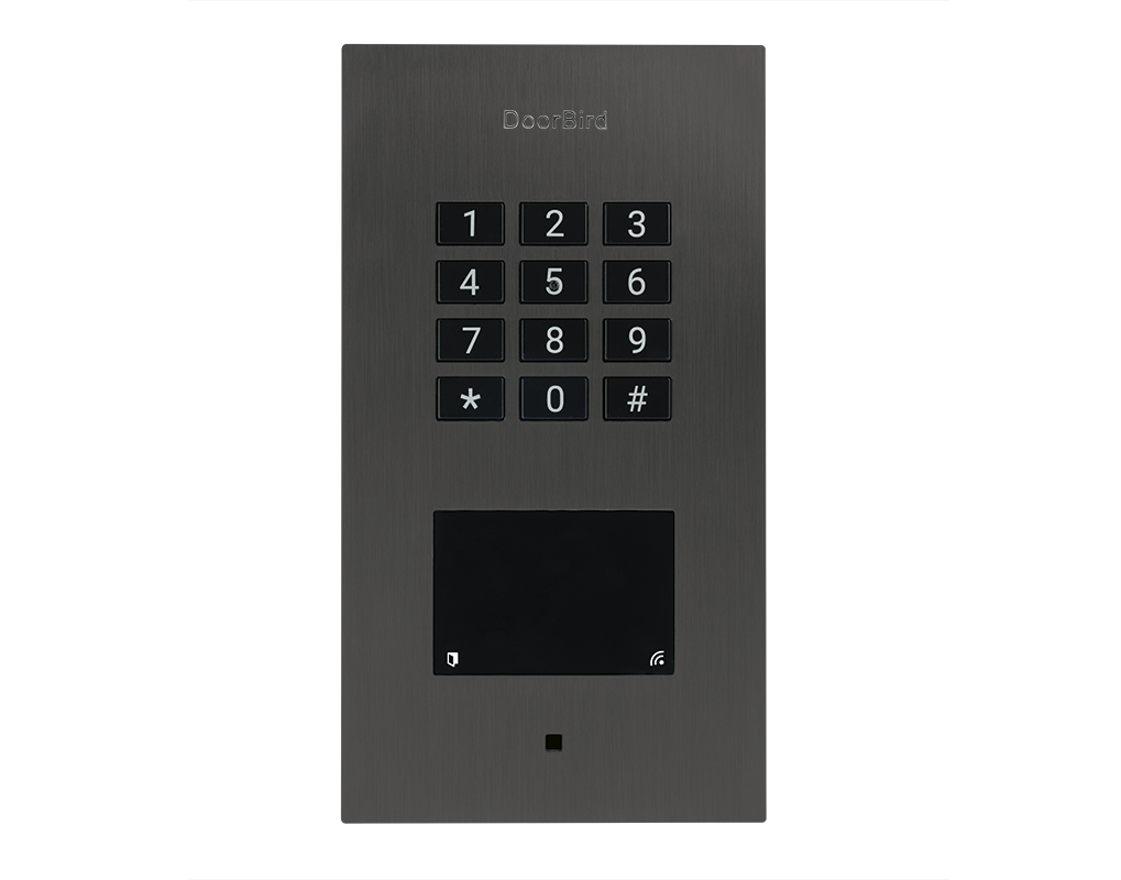 DoorBird titanium flush-mount IP access control device with number keypad and display