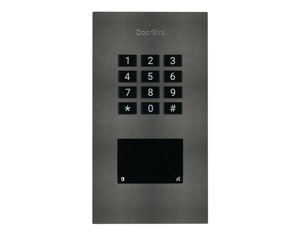 DoorBird stainless steel flush-mount access control device with numeric keypad and display