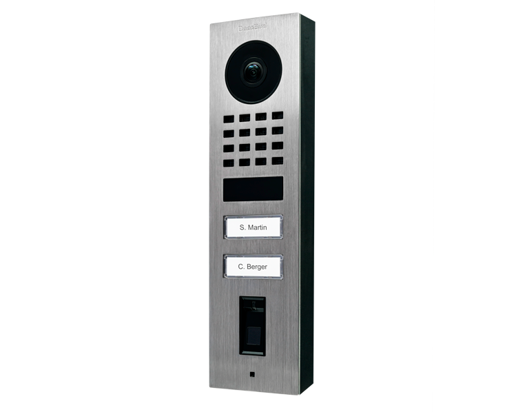 Stainless steel video door station with camera, grille, and two nameplates