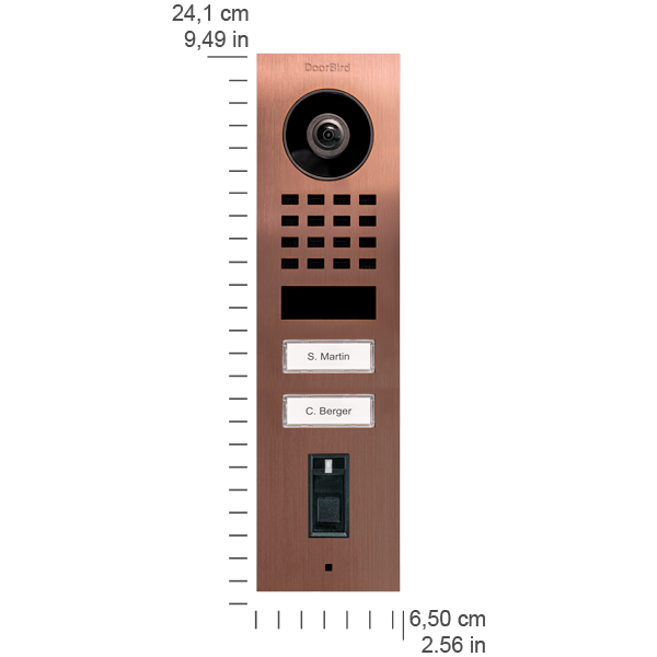 Bronze DoorBird surface-mount door station with camera, speaker grille, and two call buttons
