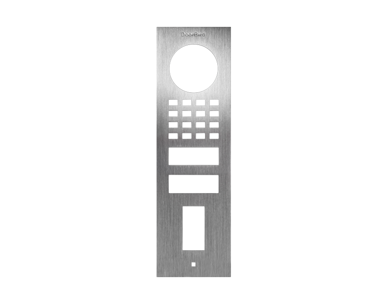 DoorBird stainless steel front panel with circular lens, keypad buttons, and two label slots