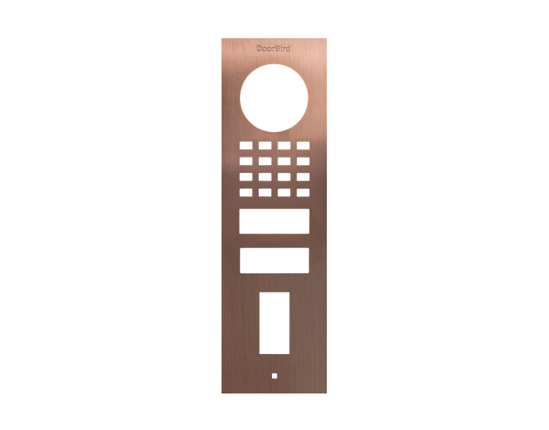 Bronze DoorBird front panel with circular camera window, keypads, and fingerprint module
