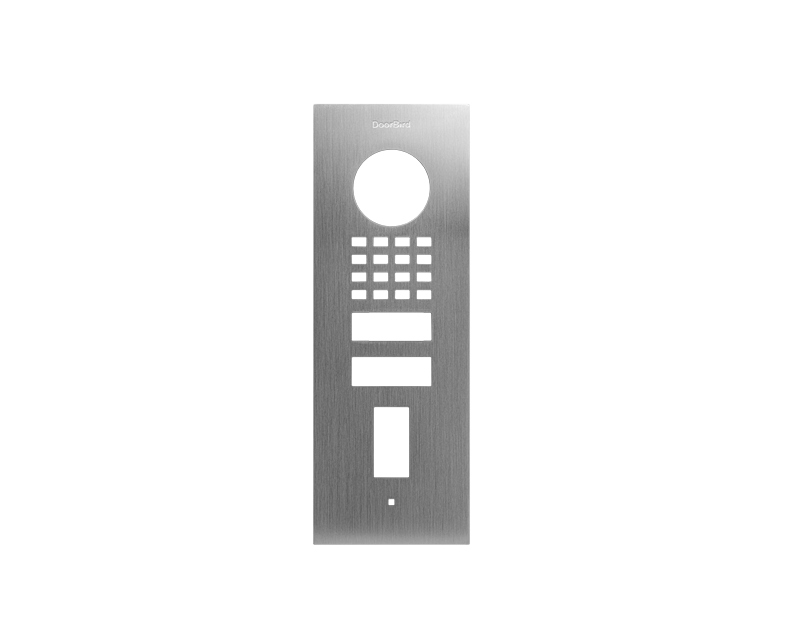 DoorBird stainless steel flush-mount front panel with keypad and circular fingerprint port