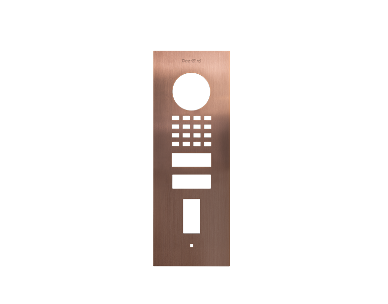 DoorBird bronze flush-mount front panel with circular port, keypad and buttons