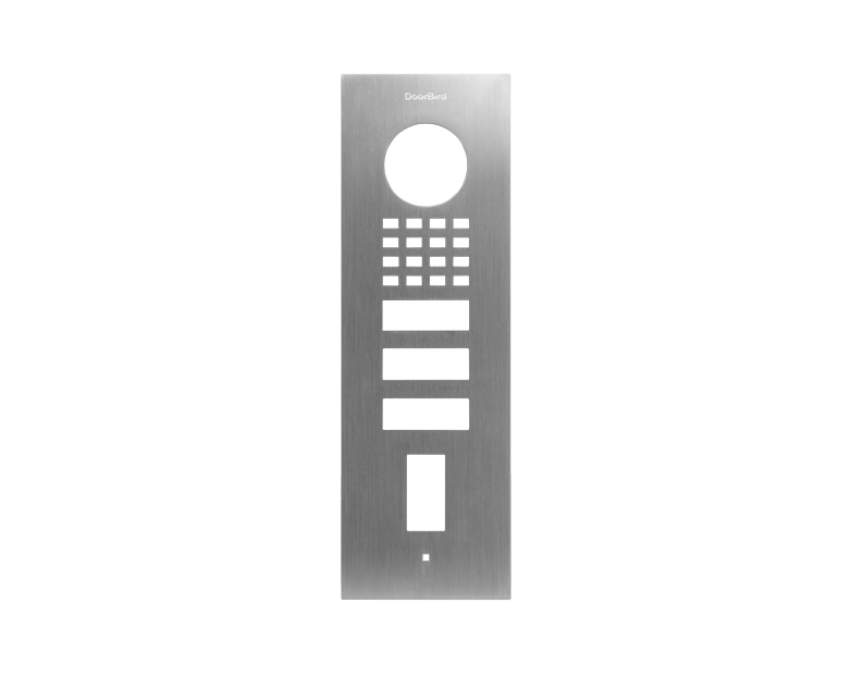 DoorBird stainless steel fingerprint door front panel with circular access window and keypad
