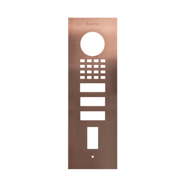 DoorBird bronze flush-mount front door panel with circular port, keypad, and call buttons