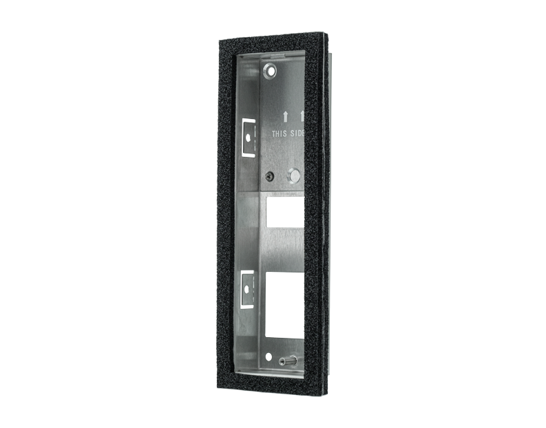 Stainless steel flush-mounting housing backbox with mounting screws and door openings