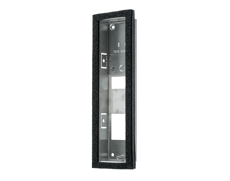 Stainless steel flush-mount backbox housing with mounting bracket and openings