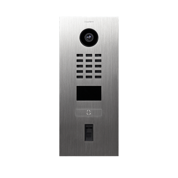 Stainless steel video door station with camera, keypad, screen, and fingerprint reader