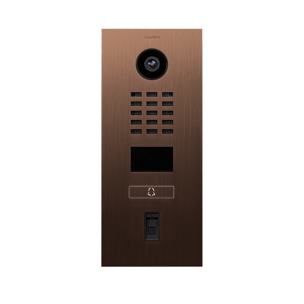 Bronze video door station with built-in camera, keypad, and doorbell display