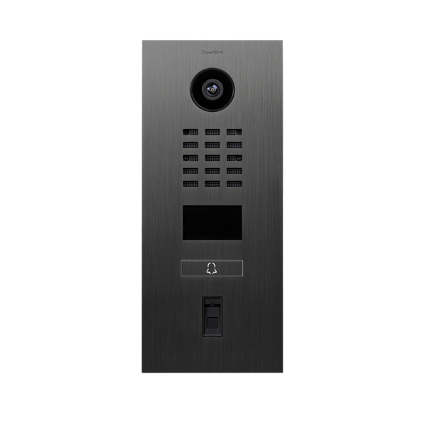 Brushed titanium video door station with camera, keypad, and call panel