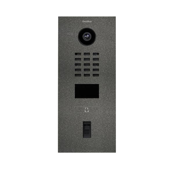 Stainless steel DoorBird video door station with camera, keypad, call button and fingerprint reader