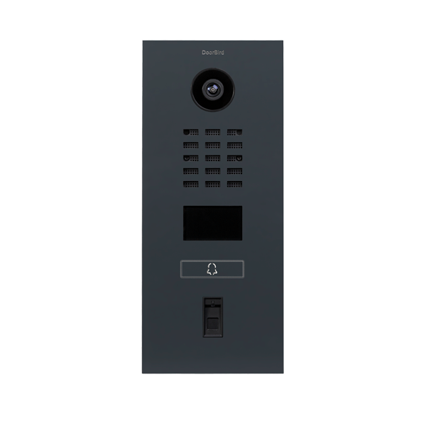 Anthracite grey DoorBird video door station with camera, keypad grid, and door button