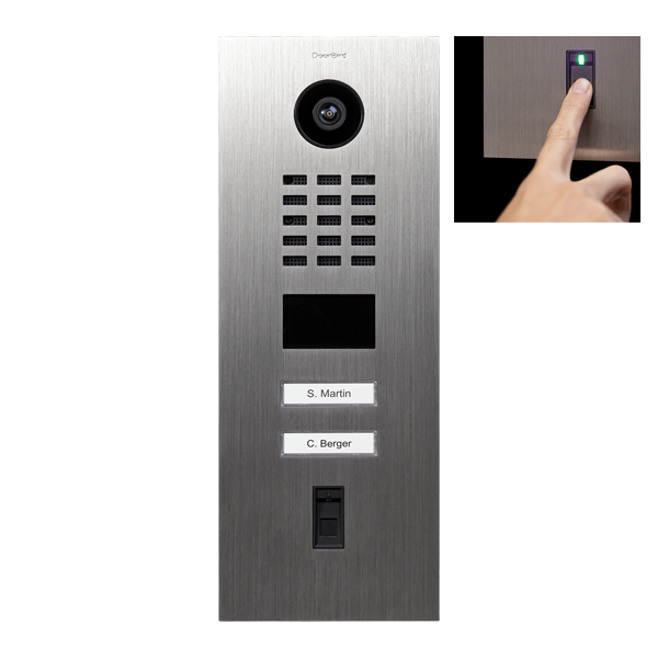 Stainless steel video door station with camera, grille, two name plates, fingerprint reader