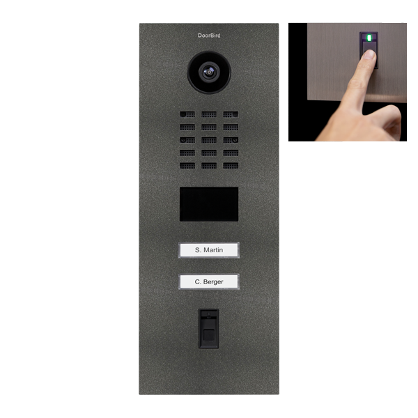 Stainless steel IP video door station with camera lens, keypad grid, and name labels
