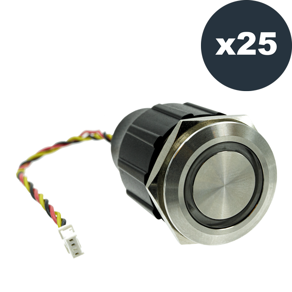 Illuminated stainless steel door button with circular metal face and wiring lead