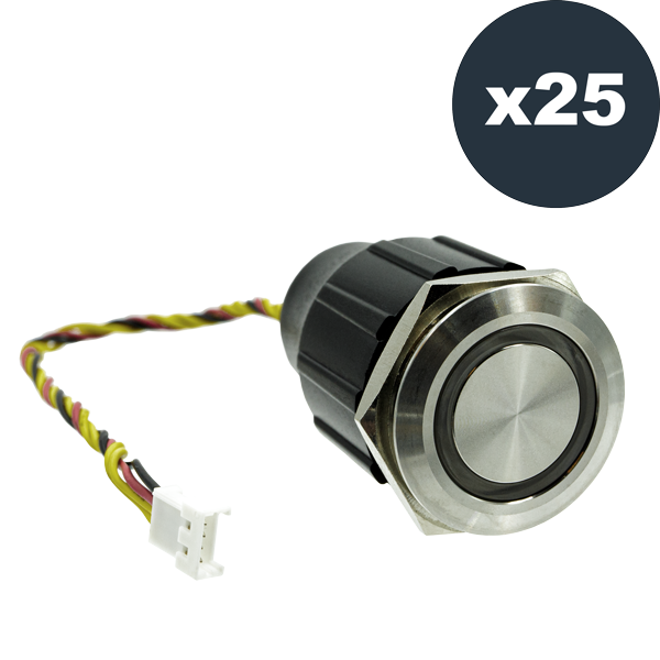 DoorBird round stainless steel call button with white connector and wiring, backlit-ready