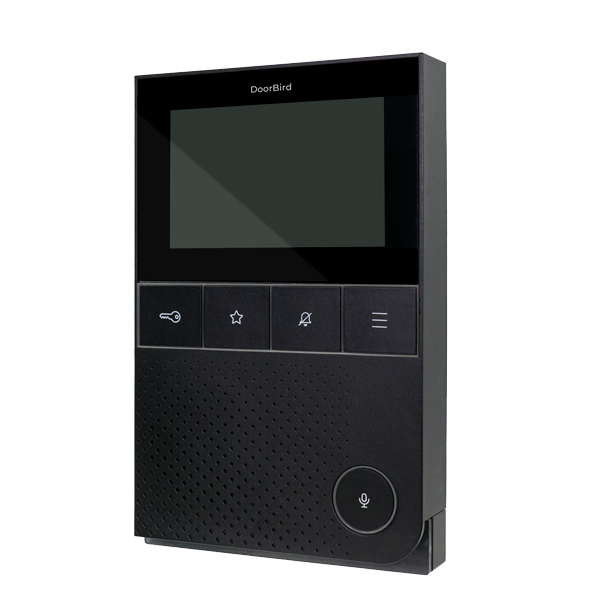 Black indoor video door station with touchscreen and call control buttons