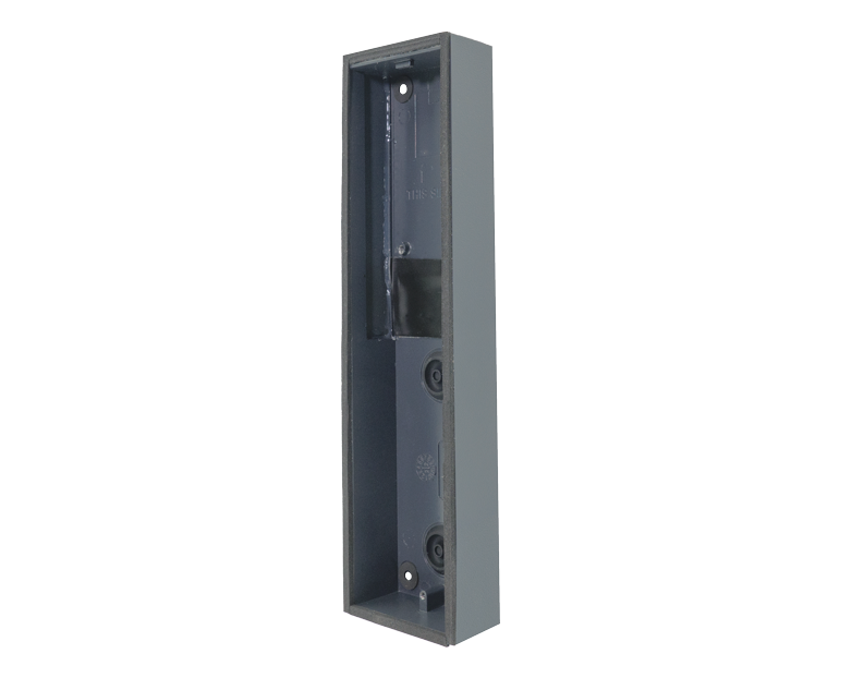 DoorBird surface-mounting backbox housing, tall rectangular dark gray with screw holes