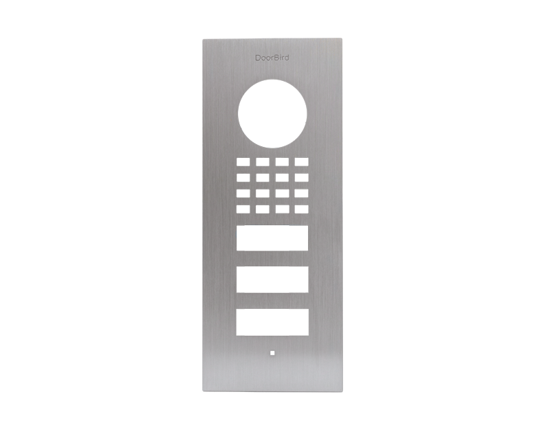 Brushed stainless steel DoorBird front panel with circular camera opening and call keypad