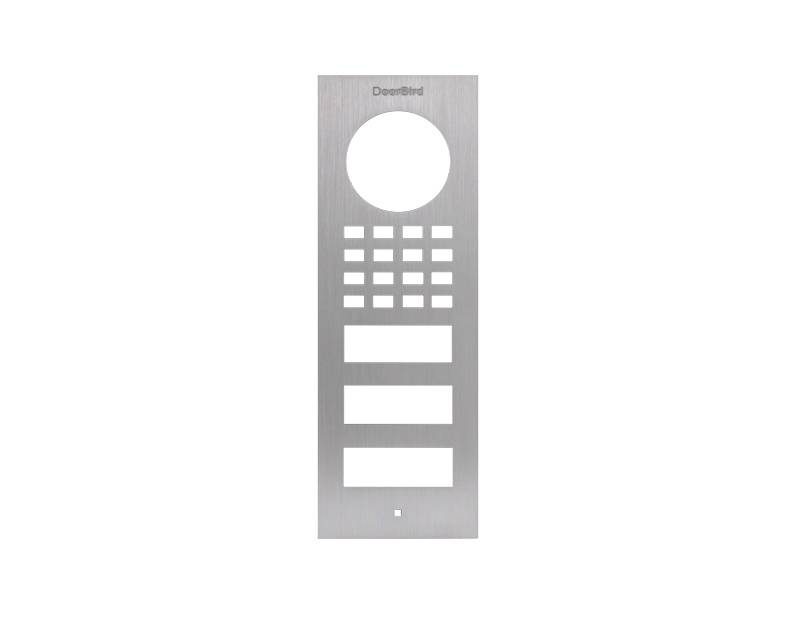 Stainless steel DoorBird intercom front panel with circular lens opening and keypad buttons