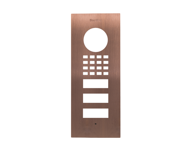 Bronze DoorBird flush-mount front panel with circular call button and keypad