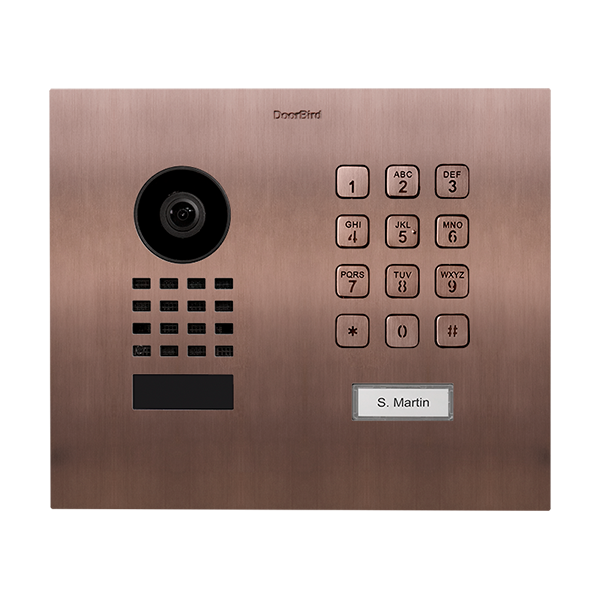 Bronze flush-mount video door station with camera, keypad buttons, and call panel