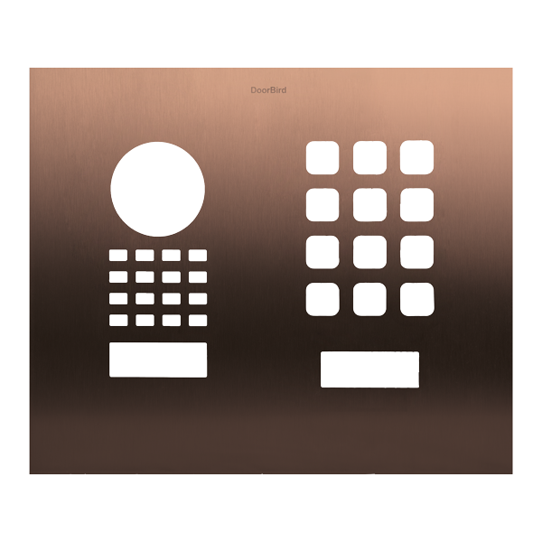 Bronze DoorBird video doorbell front panel with circular lens and keypad button array