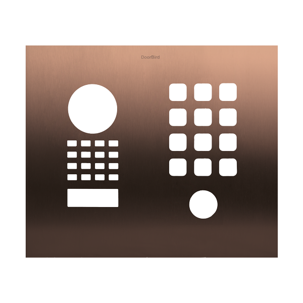 Bronze DoorBird doorbell front panel with speaker grille and button icon cutouts