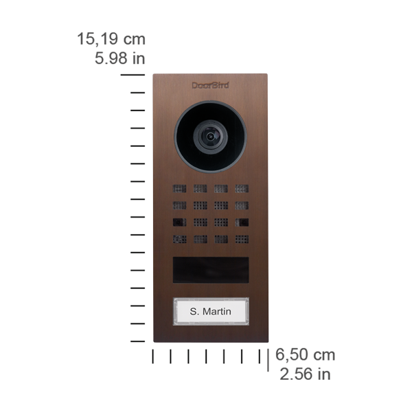 Bronze surface-mount video intercom panel with DoorBird logo, camera lens, keypad grid